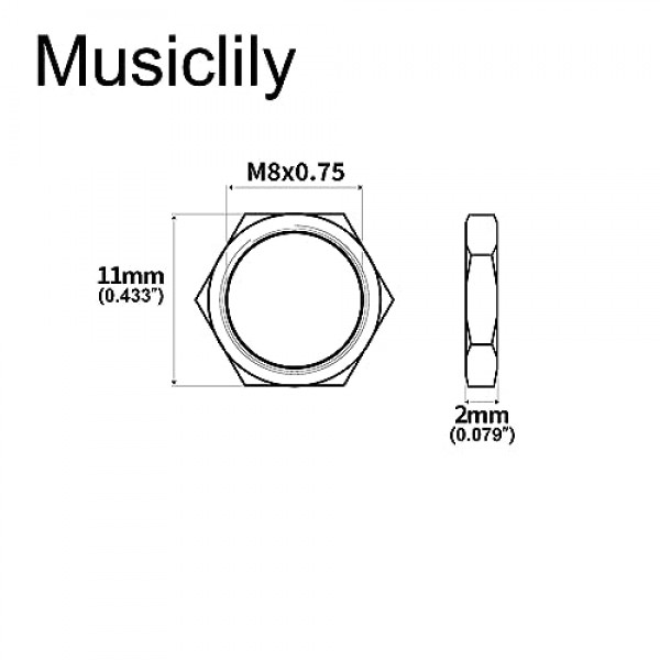 Musiclily 기본 미터법 M8 기타 포트 24mm 대형 미터법 전위차계용 육각 너트, 니켈(10개 세트)