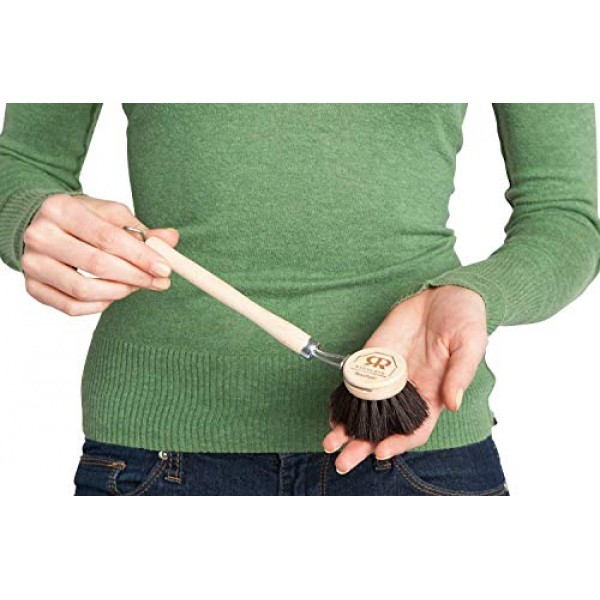 Redecker 독일산 말털 강모 접시 브러시, 강한 말털 강모가 있는 주방 및 가정용 부드러운 다용도 수세미, 2인치 교체 가능 브러시 헤드, 단일 유닛, 길이 9인치