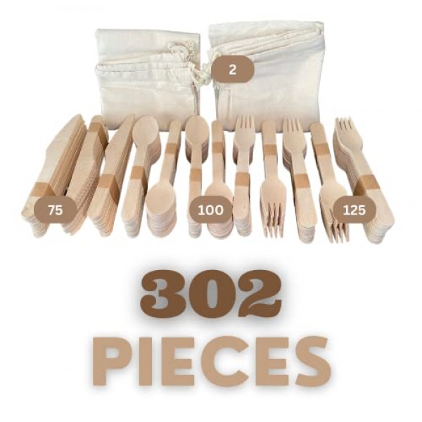 달마의 길 100% 일회용 나무 칼 세트 | 302개입(포크 125개, 스푼 100개, 나이프 75개, 다용도 가방 2개) - 완전 천연, 친환경, 생분해성, 퇴비화 가능