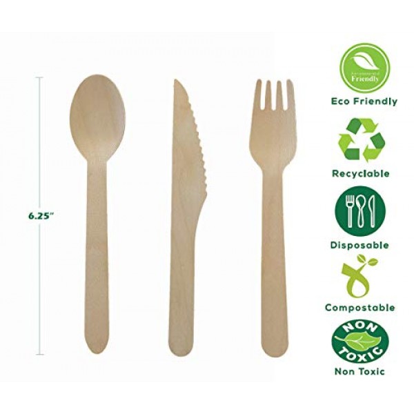 달마의 길 100% 일회용 나무 칼 세트 | 302개입(포크 125개, 스푼 100개, 나이프 75개, 다용도 가방 2개) - 완전 천연, 친환경, 생분해성, 퇴비화 가능