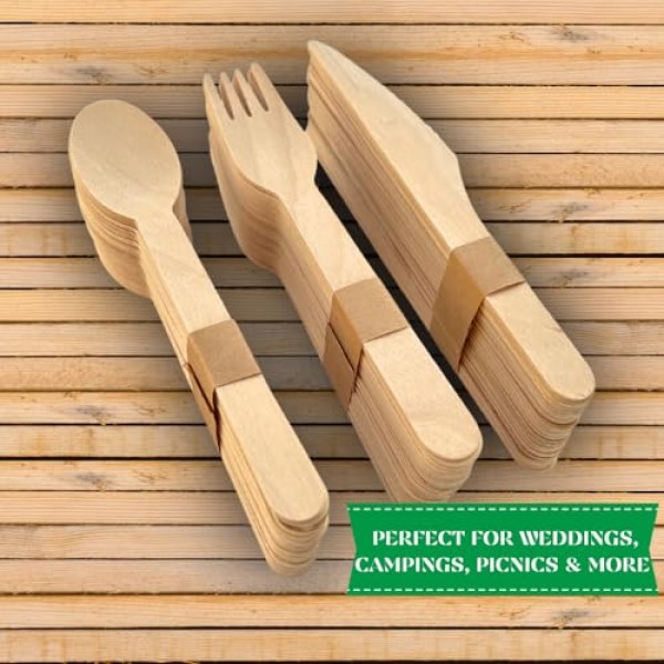 달마의 길 100% 일회용 나무 칼 세트 | 302개입(포크 125개, 스푼 100개, 나이프 75개, 다용도 가방 2개) - 완전 천연, 친환경, 생분해성, 퇴비화 가능