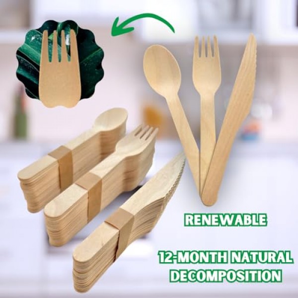 달마의 길 100% 일회용 나무 칼 세트 | 302개입(포크 125개, 스푼 100개, 나이프 75개, 다용도 가방 2개) - 완전 천연, 친환경, 생분해성, 퇴비화 가능