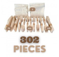 달마의 길 100% 일회용 나무 칼 세트 | 302개입(포크 125개, 스푼 100개, 나이프 75개, 다용도 가방 2개) - 완전 천연, 친환경, 생분해성, 퇴비화 가능