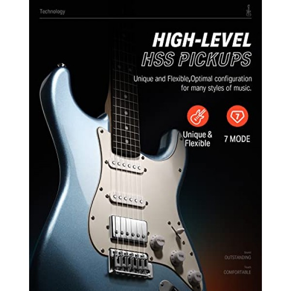 Donner DST-152R 일렉트릭 기타, 39 초보자 일렉트릭 기타 키트, 코일 분할이 포함된 HSS 픽업, 앰프가 포함된 기타 스타터 세트, 가방, 모든 액세서리, 메탈릭 아이스 블루