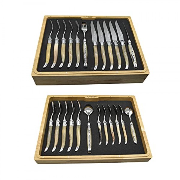 Laguiole en Aubrac 럭셔리 24피스 플랫웨어 세트(완전 단조 스테이크 나이프 6개, 포크 6개, 수프 스푼 6개 및 티 스푼 6개, 단단한 뿔 손잡이, 스테인레스 스틸 반짝이는 볼