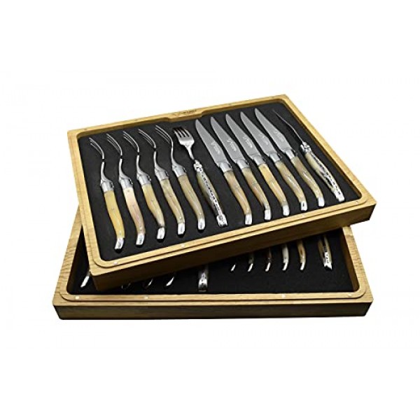 Laguiole en Aubrac 럭셔리 24피스 플랫웨어 세트(완전 단조 스테이크 나이프 6개, 포크 6개, 수프 스푼 6개 및 티 스푼 6개, 단단한 뿔 손잡이, 스테인레스 스틸 반짝이는 볼