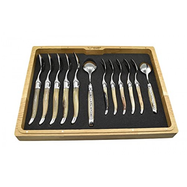 Laguiole en Aubrac 럭셔리 24피스 플랫웨어 세트(완전 단조 스테이크 나이프 6개, 포크 6개, 수프 스푼 6개 및 티 스푼 6개, 단단한 뿔 손잡이, 스테인레스 스틸 반짝이는 볼