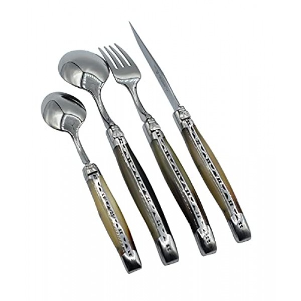 Laguiole en Aubrac 럭셔리 24피스 플랫웨어 세트(완전 단조 스테이크 나이프 6개, 포크 6개, 수프 스푼 6개 및 티 스푼 6개, 단단한 뿔 손잡이, 스테인레스 스틸 반짝이는 볼