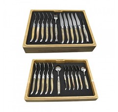 Laguiole en Aubrac 럭셔리 24피스 플랫웨어 세트(완전 단조 스테이크 나이프 6개, 포크 6개, 수프 스푼 6개 및 티 스푼 6개, 단단한 뿔 손잡이, 스테인레스 스틸 반짝이는 볼