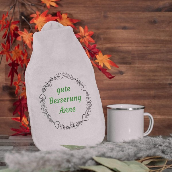 mpel-fabrik - 개인화할 수 있는 덮개가 있는 온수병 - 꽃 화환 - 이름과 같은 원하는 텍스트가 있는 포근한 온수병 덮개 - 어린이 및 성인을 위한 선물 아이디어(800ml)