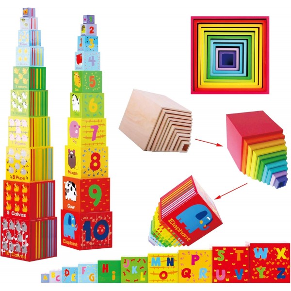 Toys of Wood Oxford Wooden Stacking Tower - 숫자, 문자, 동물이 있는 다채로운 큐브를 쌓거나 서로 연결하세요 - 2세 이상 어린이를 위한 Stacking Cube Stacking Tower 애니멀 프린트