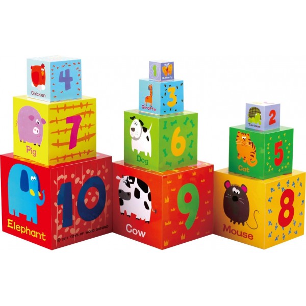 Toys of Wood Oxford Wooden Stacking Tower - 숫자, 문자, 동물이 있는 다채로운 큐브를 쌓거나 서로 연결하세요 - 2세 이상 어린이를 위한 Stacking Cube Stacking Tower 애니멀 프린트