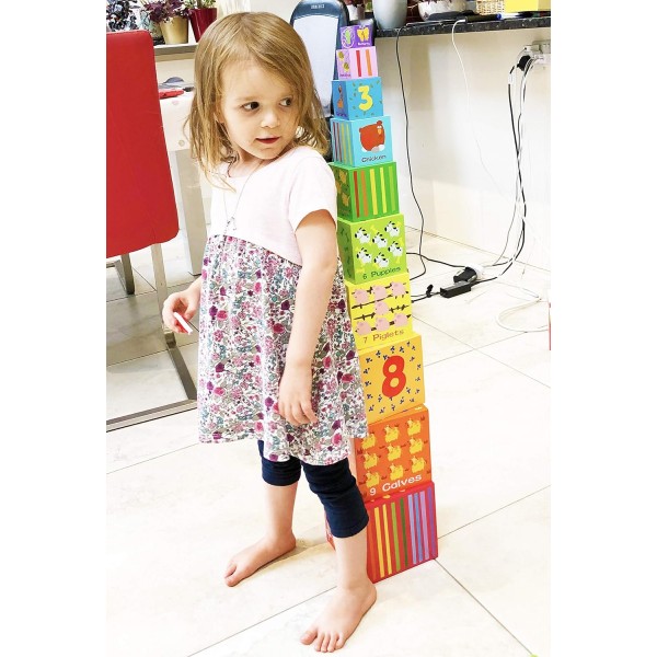 Toys of Wood Oxford Wooden Stacking Tower - 숫자, 문자, 동물이 있는 다채로운 큐브를 쌓거나 서로 연결하세요 - 2세 이상 어린이를 위한 Stacking Cube Stacking Tower 애니멀 프린트