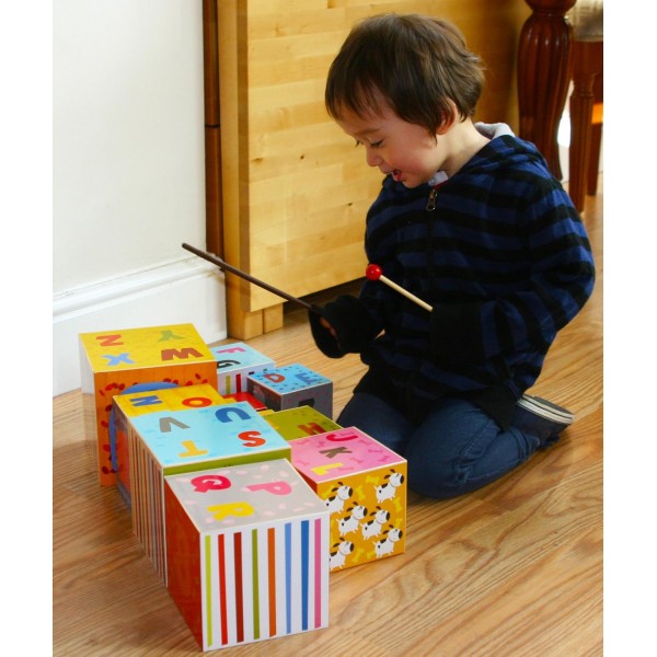 Toys of Wood Oxford Wooden Stacking Tower - 숫자, 문자, 동물이 있는 다채로운 큐브를 쌓거나 서로 연결하세요 - 2세 이상 어린이를 위한 Stacking Cube Stacking Tower 애니멀 프린트