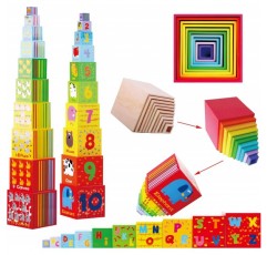 Toys of Wood Oxford Wooden Stacking Tower - 숫자, 문자, 동물이 있는 다채로운 큐브를 쌓거나 서로 연결하세요 - 2세 이상 어린이를 위한 Stacking Cube Stacking Tower 애니멀 프린트