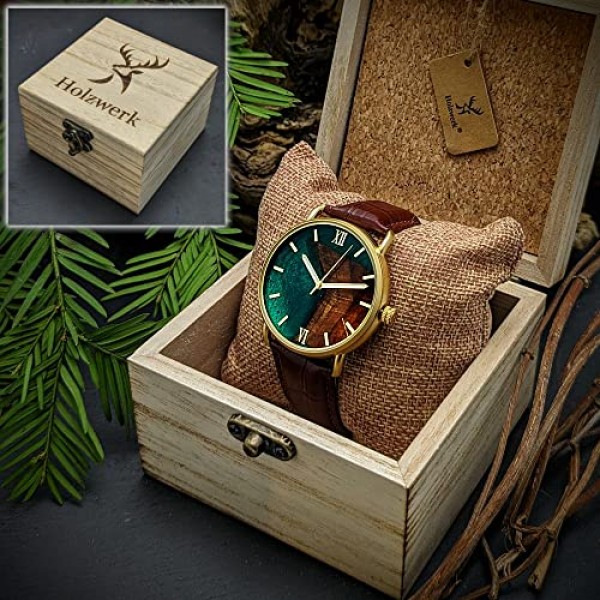 Holzwerk Germany® 디자이너 남성용 시계 에폭시 레진 천연 나무 시계 팔찌 시계 아날로그 클래식 쿼츠 시계 브라운 블랙 골드 블루 그린 에폭시 레진 다이얼 포함