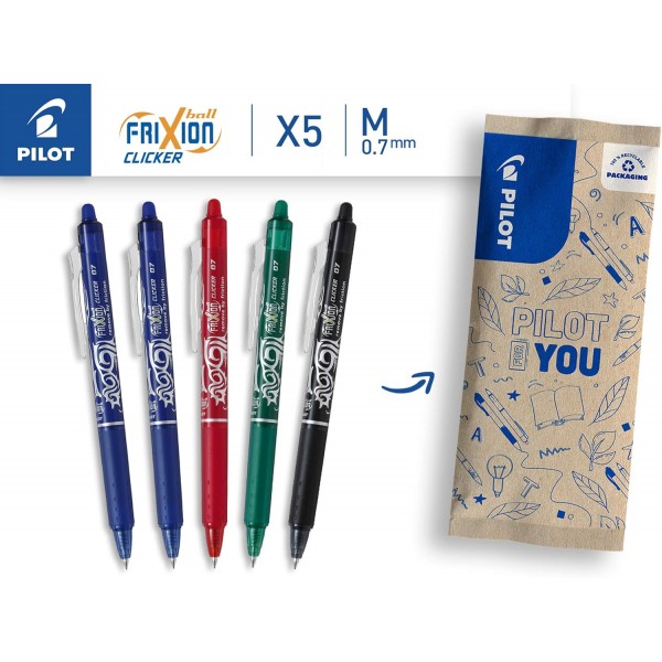 PILOT FriXion Clicker 0.7 - 5개 팩 - 색상 2x 파란색/검은색, 1x 빨간색 - 지울 수 있고 리필 가능한 젤 롤러 볼 펜, 압력 메커니즘 및 열 감지 잉크, 중간 팁 1개(5개 팩) 파란색/
