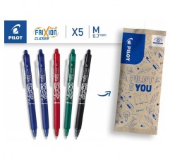PILOT FriXion Clicker 0.7 - 5개 팩 - 색상 2x 파란색/검은색, 1x 빨간색 - 지울 수 있고 리필 가능한 젤 롤러 볼 펜, 압력 메커니즘 및 열 감지 잉크, 중간 팁 1개(5개 팩) 파란색/