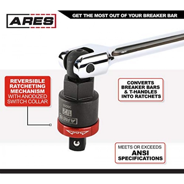 ARES 36005-1/2인치 드라이브 래칫팅 차단기 바 어댑터 - 차단기 바 또는 슬라이딩 T-핸들을 래칫으로 변환 - 양극 산화 처리된 스위치 칼라가 있는 가역적 래칫팅 메커니