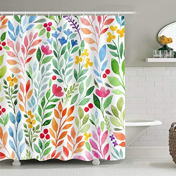 다채로운 식물 샤워 커튼 수채화 잎 꽃 자연 패턴 일러스트 스타일 예술 홈 개선 장식 72x72 인치 방수 폴리 에스터 LYEA677-72