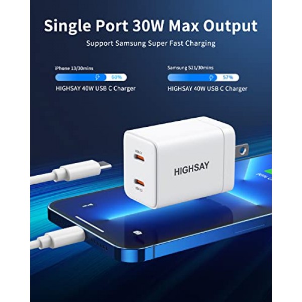 USB C 충전기 블록, 40W USB C 블록 더블 C 충전기 블록 PD 3.0 고속 충전기 듀얼 USB C 벽 플러그(접이식 플러그 포함), iPhone 14/13 Pro Max, iPad, Galaxy, Pixel용 2포트(20W+20W) 충전기 