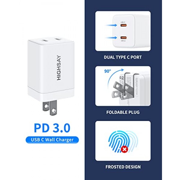USB C 충전기 블록, 40W USB C 블록 더블 C 충전기 블록 PD 3.0 고속 충전기 듀얼 USB C 벽 플러그(접이식 플러그 포함), iPhone 14/13 Pro Max, iPad, Galaxy, Pixel용 2포트(20W+20W) 충전기 