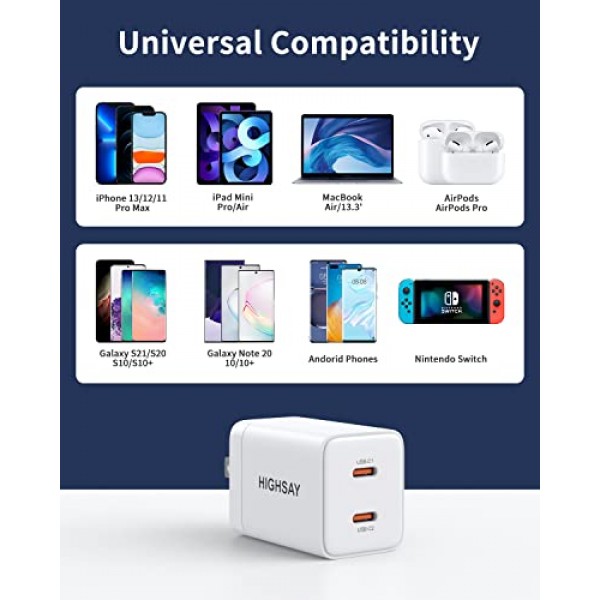 USB C 충전기 블록, 40W USB C 블록 더블 C 충전기 블록 PD 3.0 고속 충전기 듀얼 USB C 벽 플러그(접이식 플러그 포함), iPhone 14/13 Pro Max, iPad, Galaxy, Pixel용 2포트(20W+20W) 충전기 