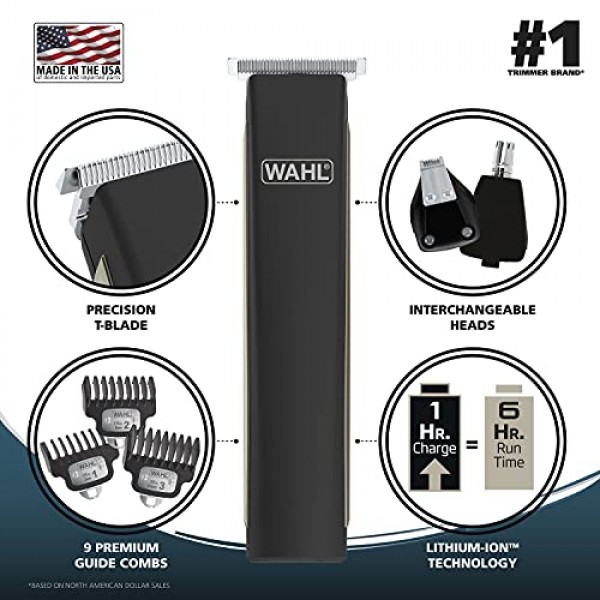 Wahl USA 남성용 충전식 리튬 이온 2.0 수염 트리머 - 그루밍, 디테일링 헤드, 라이트 터치 업, 귀 코 및 눈썹 모델용 정밀 T 블레이드가 있는 얼굴 털 트리머 모델 9886-300