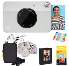 Kodak Printomatic 즉석 카메라(회색) 선물 번들 + 징크 페이퍼(20매) + 디럭스 케이스 + 재미있는 스티커 세트 7개 + 트윈 팁 마커 + 사진 앨범.