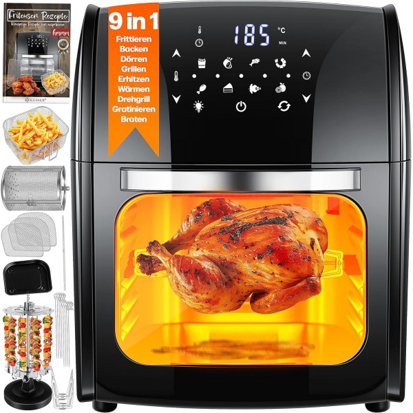 KESSER® XXL 에어프라이어 9in1 핫 에어 프라이어 프라이어, | 로티세리 | 탈수기 | 레시피 소책자 | 바베큐 꼬치 | 1800와트 | 기름 없이 무지방 구이 | 8개 프로그램 | 블랙 