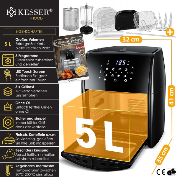 KESSER® XXL 에어프라이어 9in1 핫 에어 프라이어 프라이어, | 로티세리 | 탈수기 | 레시피 소책자 | 바베큐 꼬치 | 1800와트 | 기름 없이 무지방 구이 | 8개 프로그램 | 블랙 