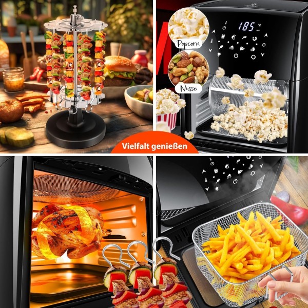 KESSER® XXL 에어프라이어 9in1 핫 에어 프라이어 프라이어, | 로티세리 | 탈수기 | 레시피 소책자 | 바베큐 꼬치 | 1800와트 | 기름 없이 무지방 구이 | 8개 프로그램 | 블랙 