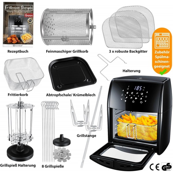 KESSER® XXL 에어프라이어 9in1 핫 에어 프라이어 프라이어, | 로티세리 | 탈수기 | 레시피 소책자 | 바베큐 꼬치 | 1800와트 | 기름 없이 무지방 구이 | 8개 프로그램 | 블랙 