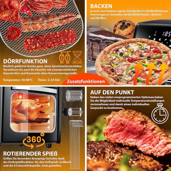 KESSER® XXL 에어프라이어 9in1 핫 에어 프라이어 프라이어, | 로티세리 | 탈수기 | 레시피 소책자 | 바베큐 꼬치 | 1800와트 | 기름 없이 무지방 구이 | 8개 프로그램 | 블랙 