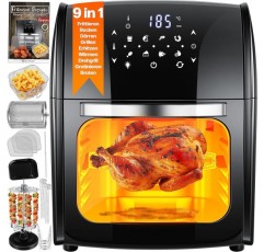 KESSER® XXL 에어프라이어 9in1 핫 에어 프라이어 프라이어, | 로티세리 | 탈수기 | 레시피 소책자 | 바베큐 꼬치 | 1800와트 | 기름 없이 무지방 구이 | 8개 프로그램 | 블랙 