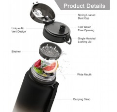 UZSPACE 물병 어린이 누수 방지, 스포츠 플라스틱 물병 1l, 800ml, 500ml, Tritan & BPA-free 스포츠 물병 탄산 적합 블랙/화이트 1500ml