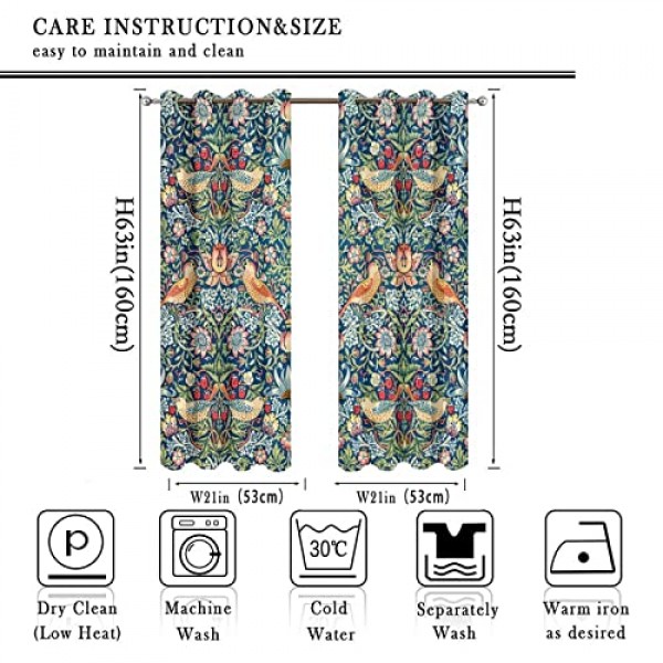 윌리엄 모리스 아트 프린트 빈티지 딸기 도둑 거실용 암막 커튼 42x63인치