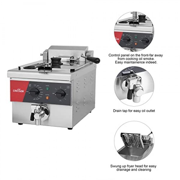레스토랑용 배수구, 타이머, 바구니 및 뚜껑이 포함된 6L 전기 조리대 딥 프라이 초대형 120V,1800W 상업용 딥 프라이어