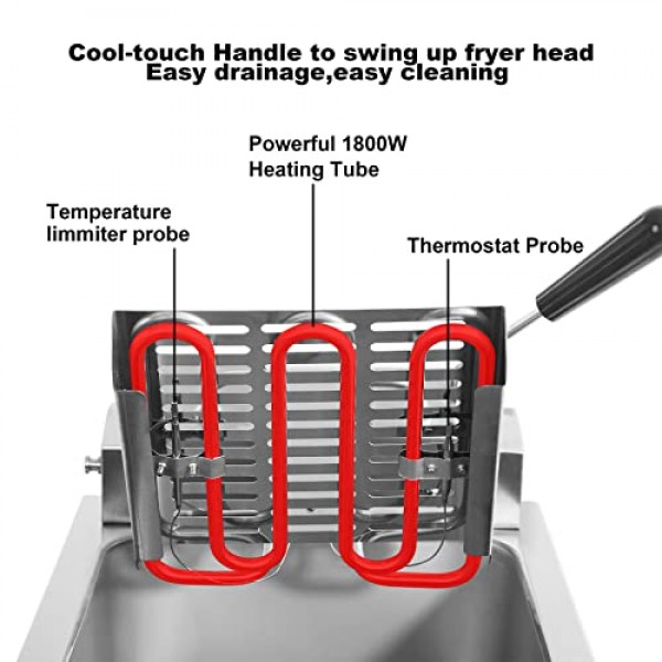 레스토랑용 배수구, 타이머, 바구니 및 뚜껑이 포함된 6L 전기 조리대 딥 프라이 초대형 120V,1800W 상업용 딥 프라이어