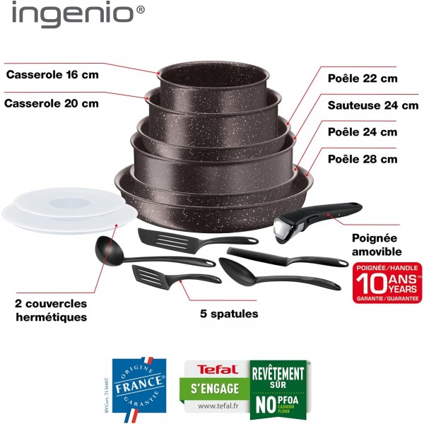 Tefal L6789802 Batterie de Cuisine pièces Effet Pierre Ingenio Extreme 조리기구, 14개, 스톤 효과, 알루미늄, 브라운