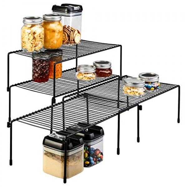 Smartor 캐비닛 보관 선반 랙 4 팩, 확장 가능한 쌓을 수 있는 주방 카운터 선반 정리함, 식료품 저장실, 침실, 욕실용 다목적 조직, 검정색