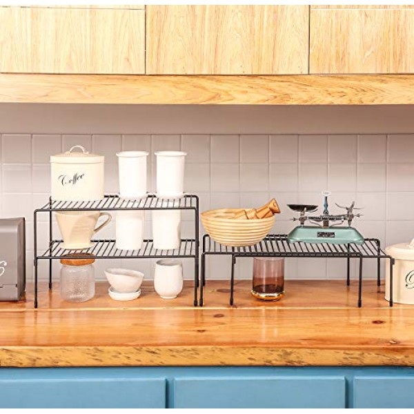 Smartor 캐비닛 보관 선반 랙 4 팩, 확장 가능한 쌓을 수 있는 주방 카운터 선반 정리함, 식료품 저장실, 침실, 욕실용 다목적 조직, 검정색