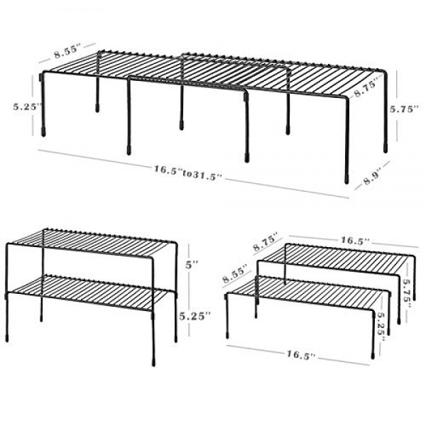 Smartor 캐비닛 보관 선반 랙 4 팩, 확장 가능한 쌓을 수 있는 주방 카운터 선반 정리함, 식료품 저장실, 침실, 욕실용 다목적 조직, 검정색