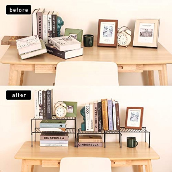 Smartor 캐비닛 보관 선반 랙 4 팩, 확장 가능한 쌓을 수 있는 주방 카운터 선반 정리함, 식료품 저장실, 침실, 욕실용 다목적 조직, 검정색