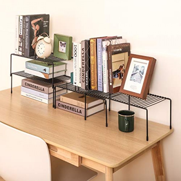 Smartor 캐비닛 보관 선반 랙 4 팩, 확장 가능한 쌓을 수 있는 주방 카운터 선반 정리함, 식료품 저장실, 침실, 욕실용 다목적 조직, 검정색