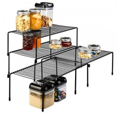 Smartor 캐비닛 보관 선반 랙 4 팩, 확장 가능한 쌓을 수 있는 주방 카운터 선반 정리함, 식료품 저장실, 침실, 욕실용 다목적 조직, 검정색