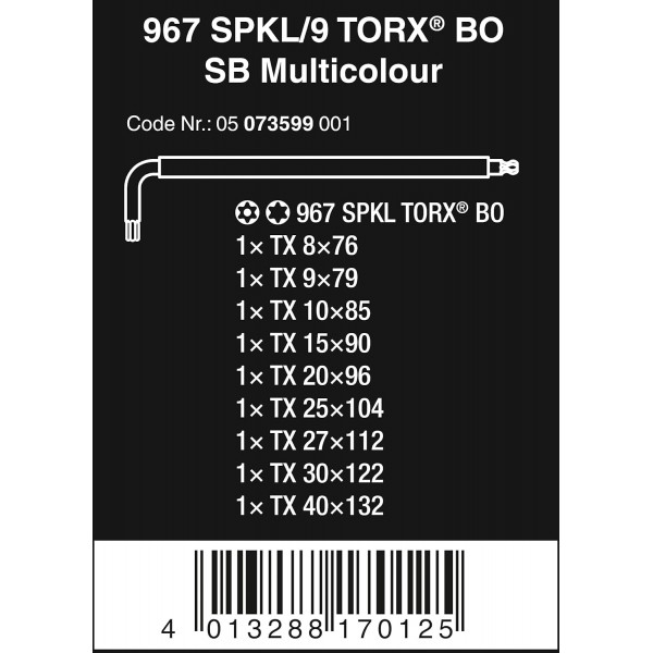 Wera 950 SPKL/9 SM HF 다색 L-키 세트 Metric BlackLaser with HOL & 967SPKL/9BO 다색 TX-키 세트, TX8 - TX40, 9pc, 05073599001