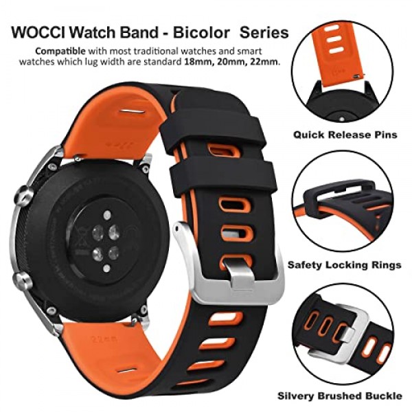 WOCCI 바이컬러 시계 밴드, 실리콘 고무, 남성용 및 여성용 퀵 릴리스 교체 스트랩, 스테인레스 스틸 버클, 밴드 폭 18mm 20mm 22mm
