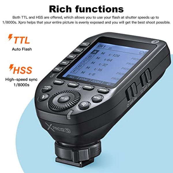 Godox XProII-S TTL 무선 플래시 트리거 송신기는 소니 카메라, 2.4G 1/8000s HSS, 블루투스 연결, 새로운 핫슈 잠금, 16개 그룹 및 32개 채널과 호환됩니다.