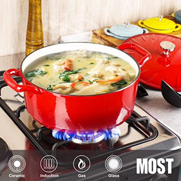 뚜껑이 있는 MGKKT 에나멜 주철 더치 오븐, 루프 손잡이가 있는 에나멜 냄비, 6QT, 빨간색